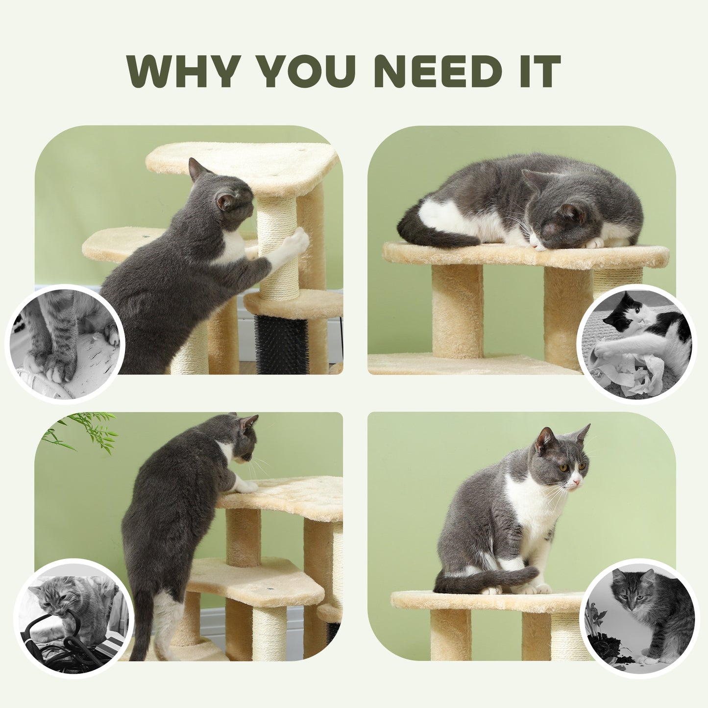 PawHut Beige 2-in-1 Cat Tree and Pet Stairs with Scratching Post and Toy Balls