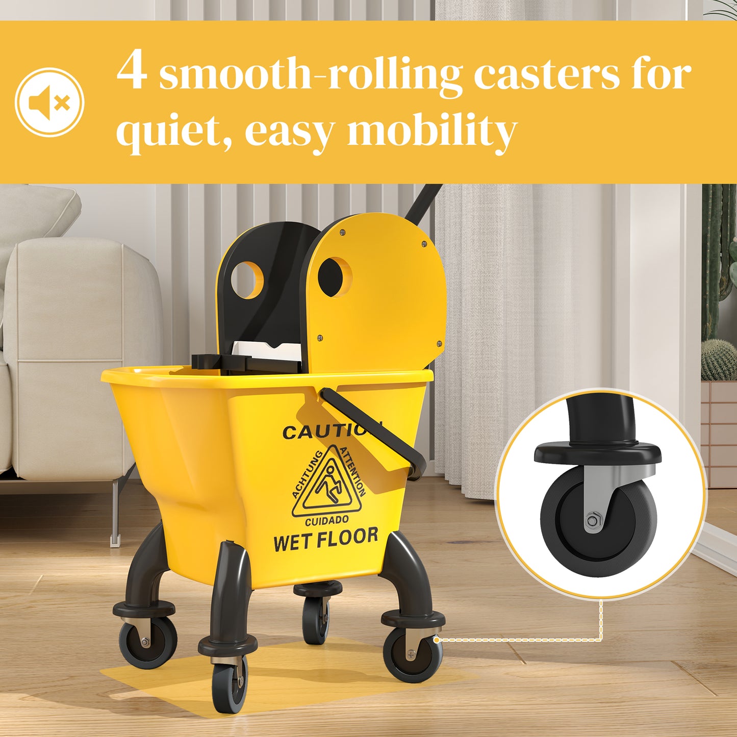 HOMCOM 26 Litre Mop Bucket With Wringer And Mop Yellow For Efficient Floor Cleaning