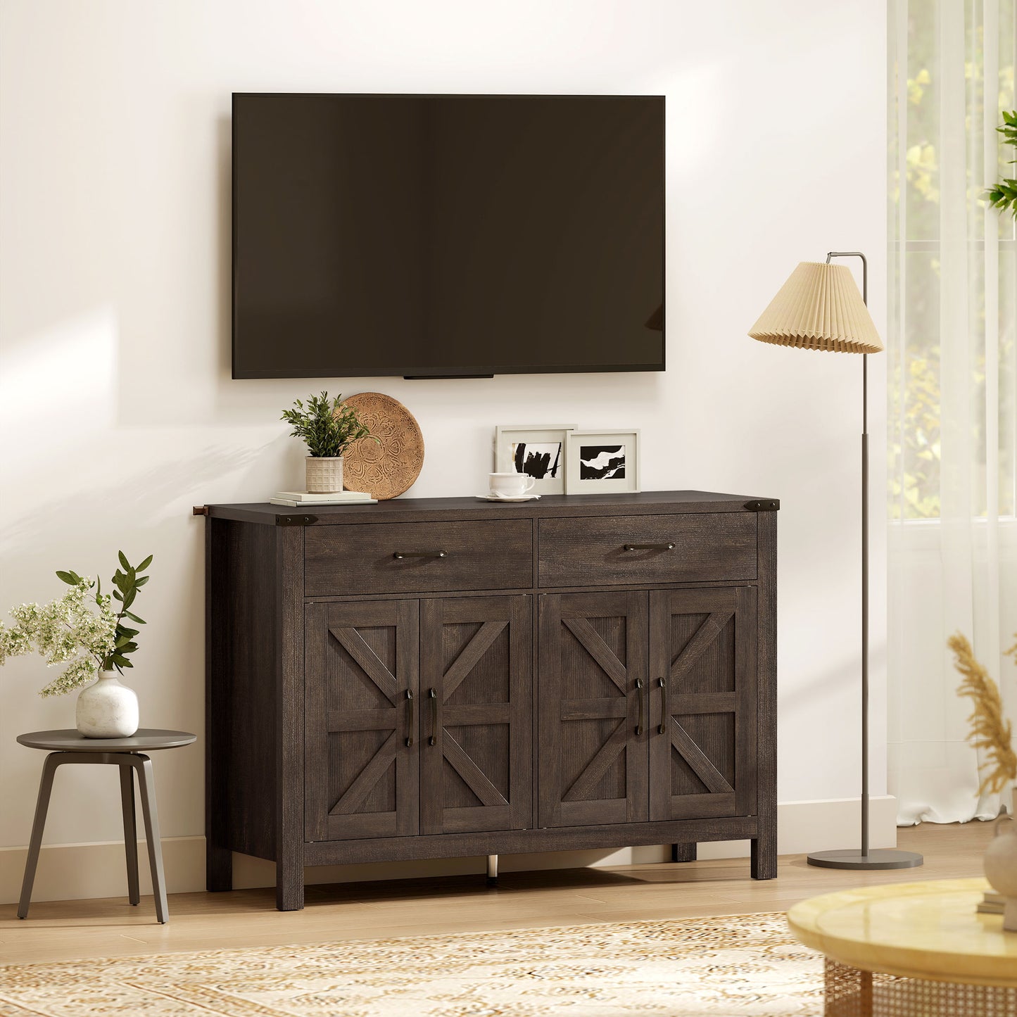 HOMCOM Kitchen Cupboard Sideboard With 4 Doors And 2 Drawers, 2 Adjustable Shelves, Dark Brown Farmhouse Cabinet