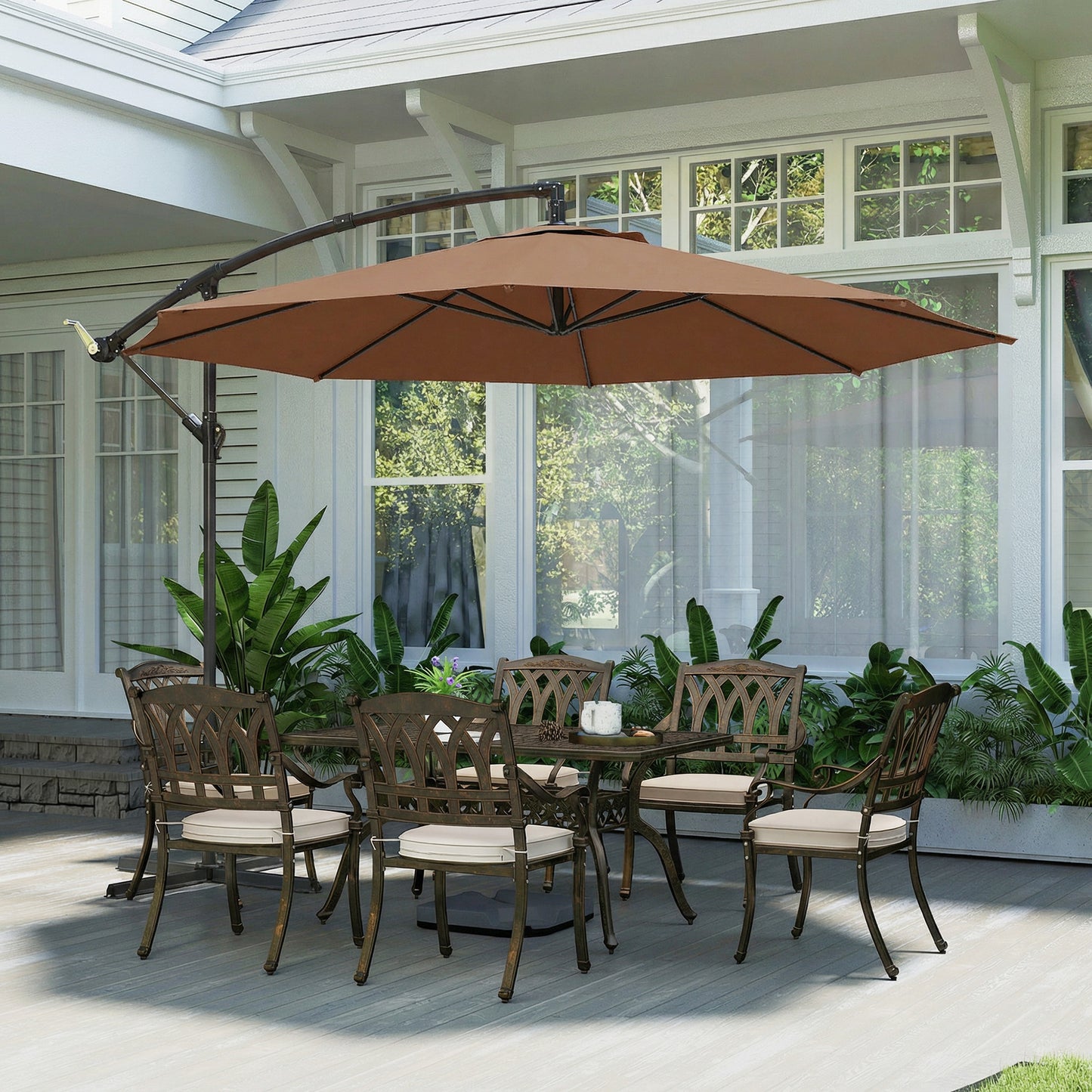 Outsunny Three Meter Overhanging Cantilever Parasol With Cross Base Coffee UV Resistant Fabric
