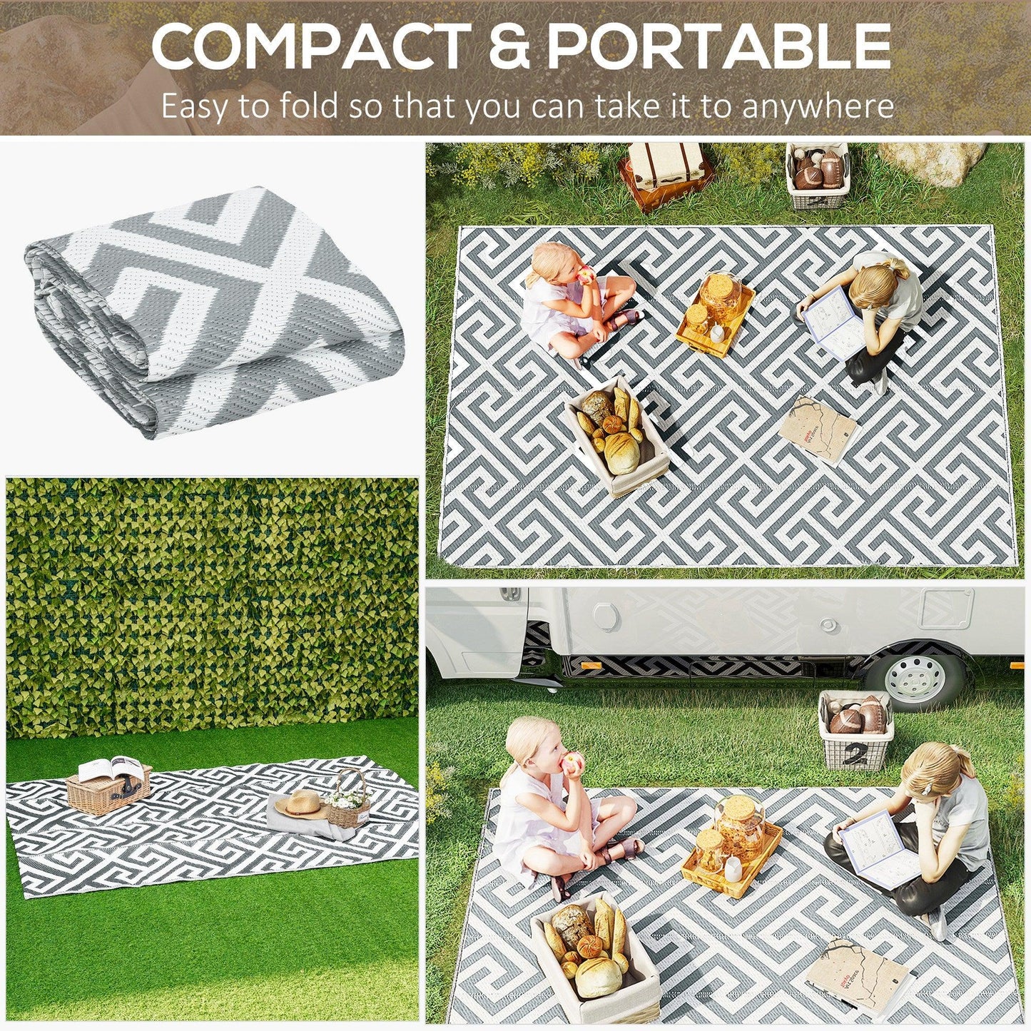 Outsunny Outdoor Rug Reversible Mat Plastic Straw Rug Portable RV Camping Mat for Garden Picnic Indoor, 152x243cm, Light Grey - ALL4U RETAILER LTD