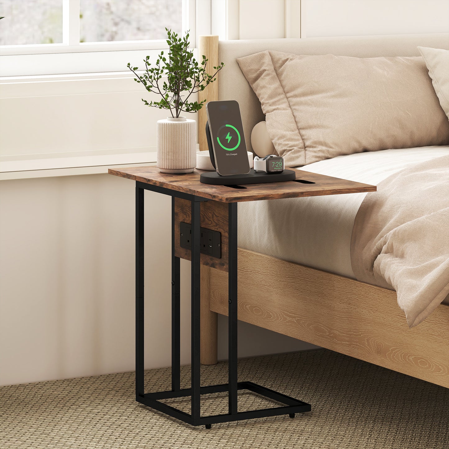 HOMCOM C Shaped Side Table With Charging Station And Foldable Top Rustic Brown Compact Design