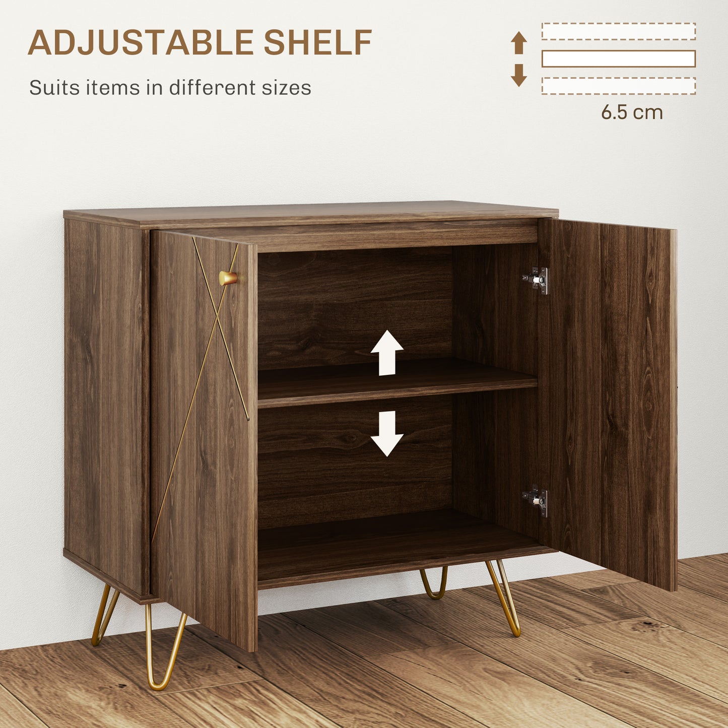 HOMCOM Modern Luxury Sideboard Cabinet With Golden Lines, Adjustable Shelf, Steel Harpin Legs, Brown