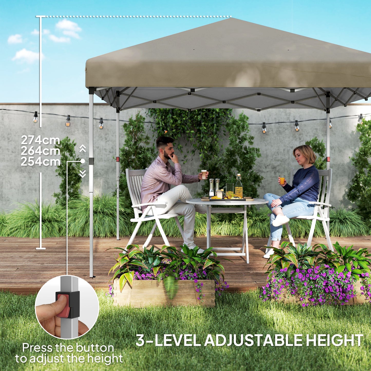 Outsunny 3x3 Pop Up Gazebo M Height Adjustable UPF 30+ With 2 Sidewalls Leg Weight Bags Wheeled Bag Khaki