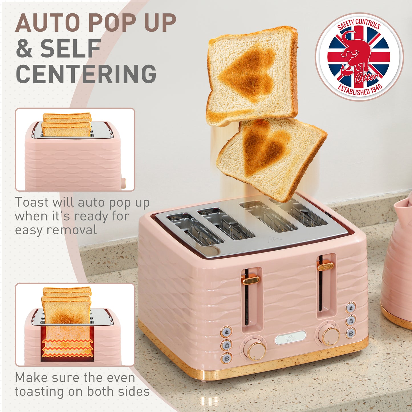 HOMCOM 3000W 1.7L Kettle And 4 Slice Toaster Set With 7 Browning Controls And Crumb Tray Light Pink