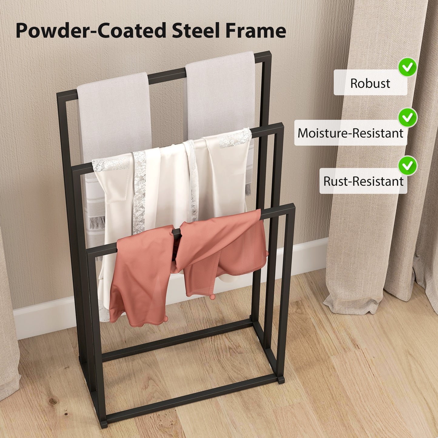 HOMCOM Freestanding Space Saving Steel Towel Rack With 3 Bars For Bathroom And Laundry Black