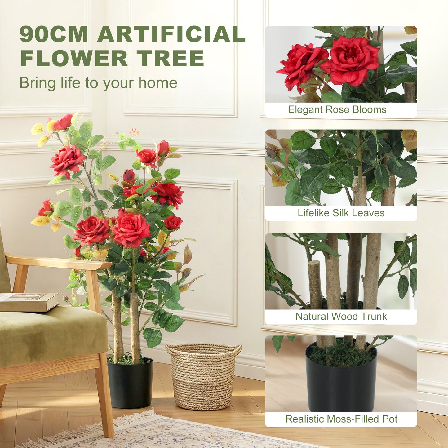 HOMCOM 90cm Artificial Rose Tree With 344 Silk Leaves And 17 Flowers For Outdoor Indoor Decor Red