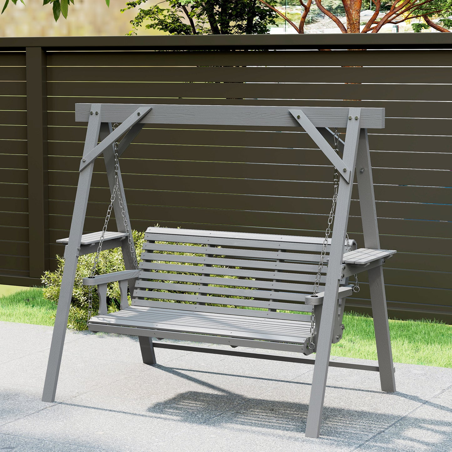 Outsunny Three Seater Wooden Swing Bench With Side Tables Outdoor Garden Furniture In Dark Grey