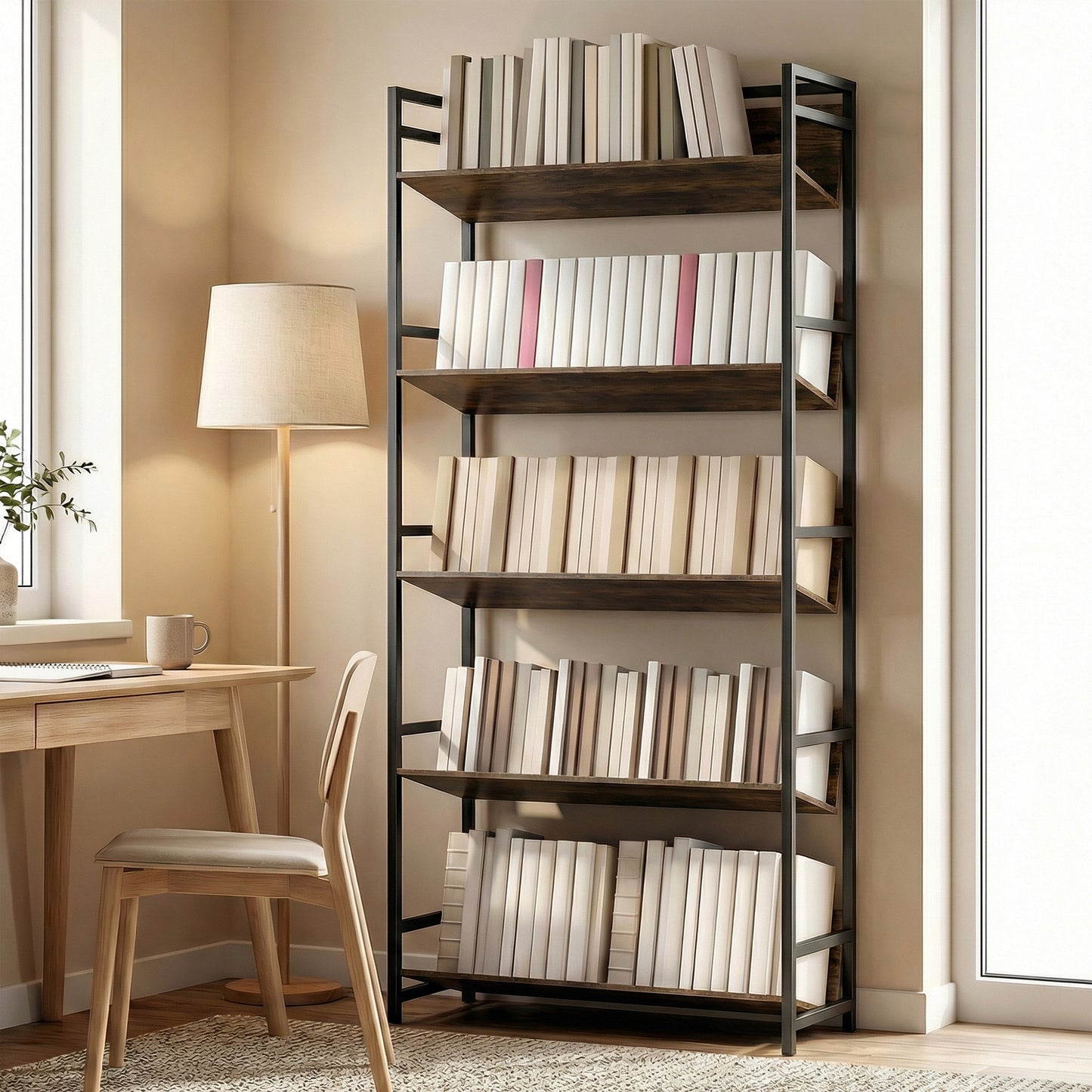 HOMCOM 5 Tier Metal Frame Bookshelf Room Divider With Storage Shelves Rustic Brown For Living Room