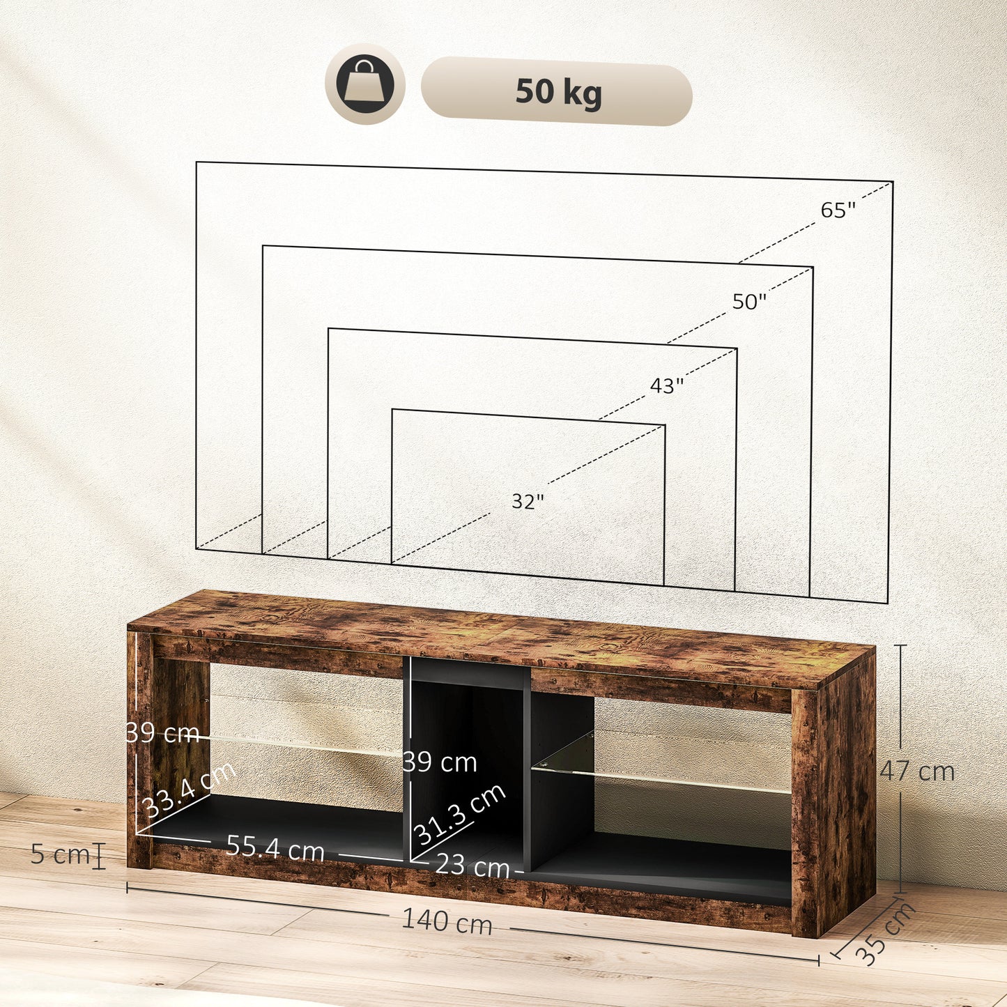 HOMCOM TV Stand Cabinet With LED Lights And Remote For 65 Inch TVs Rustic Brown Entertainment Centre