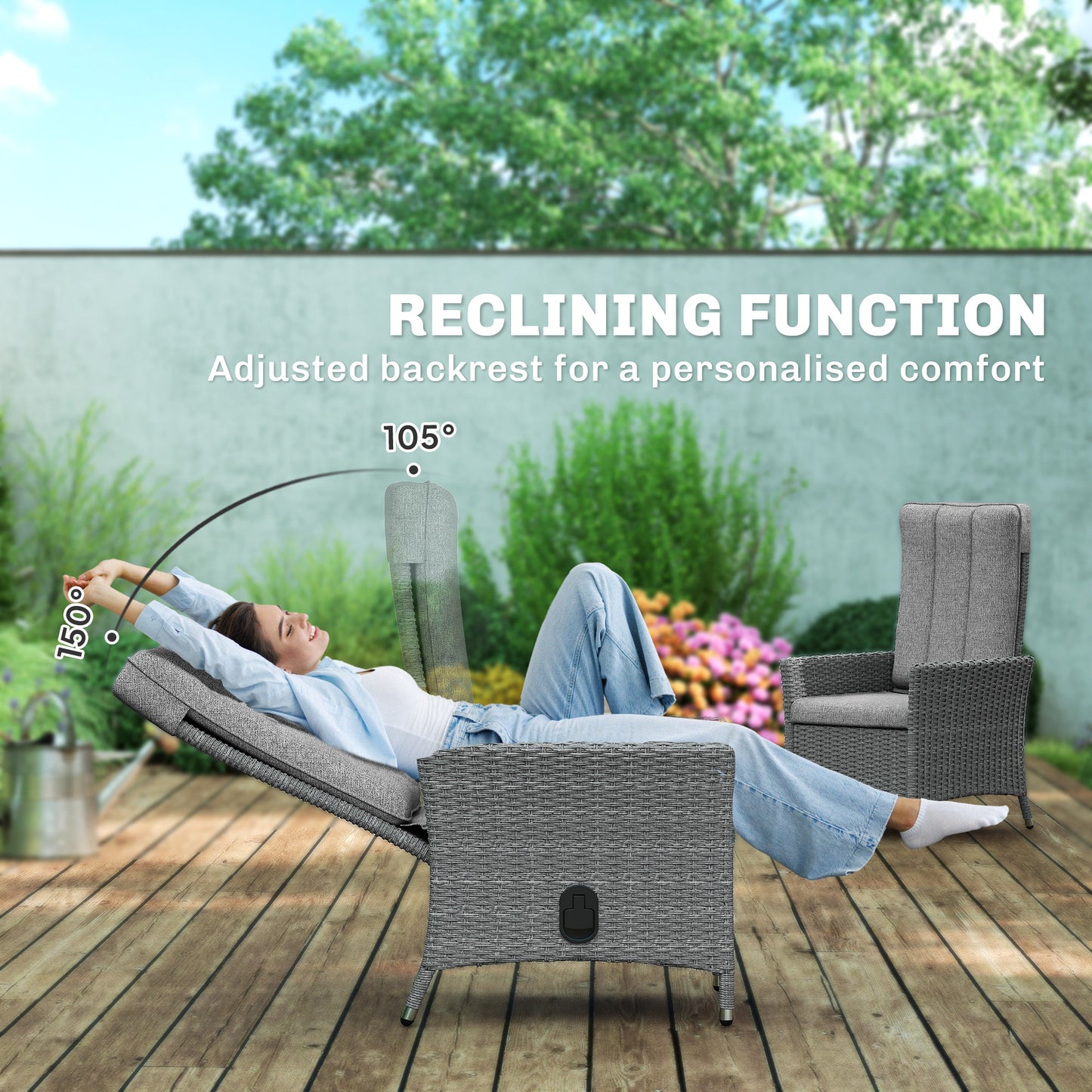 Outsunny 105 To 150 Degree Reclining Rattan Chair With Cushioned Seat Outdoor Light Grey