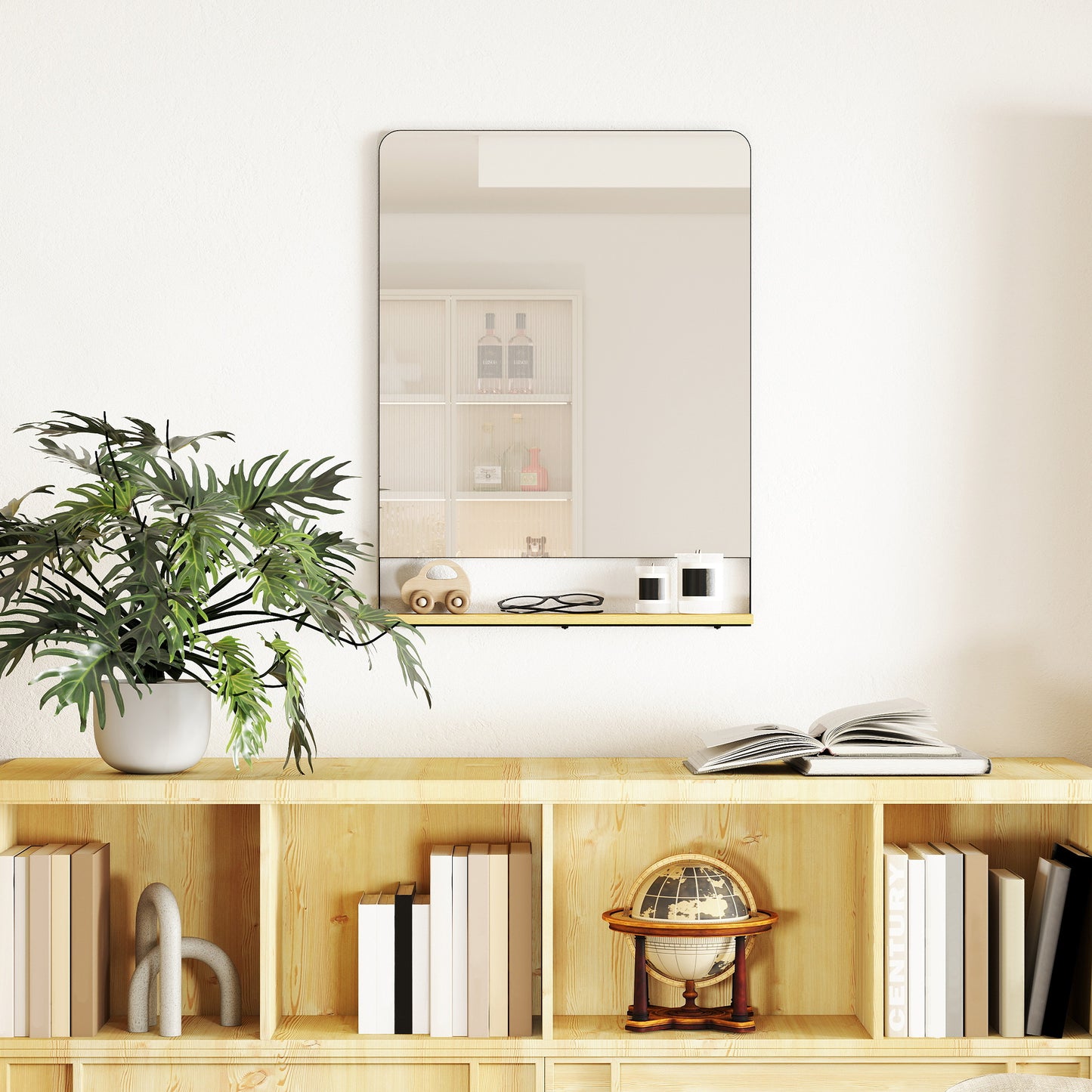 Homcom Wall Mirror With Wood Shelf Black Metal Frame Industrial Entryway Decor Solution
