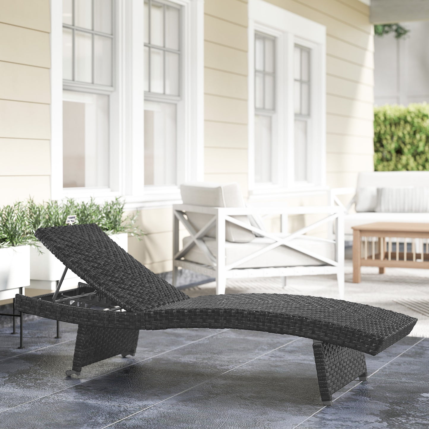 Outsunny Outdoor PE Rattan Sun Lounger Folding Wicker Garden Recliner With 4 Level Backrest Rolling Sunbed Chair Black