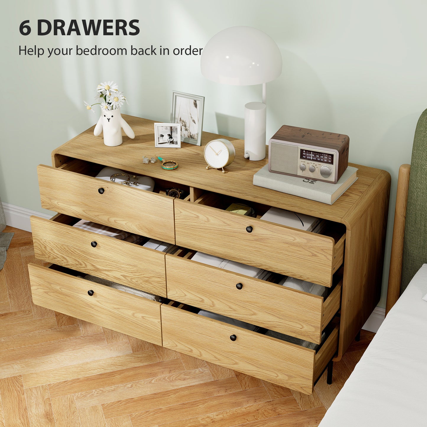 HOMCOM Chest of Drawers Six Drawer Dresser Oak Finish Modern Rounded Edges Safe Family Furniture