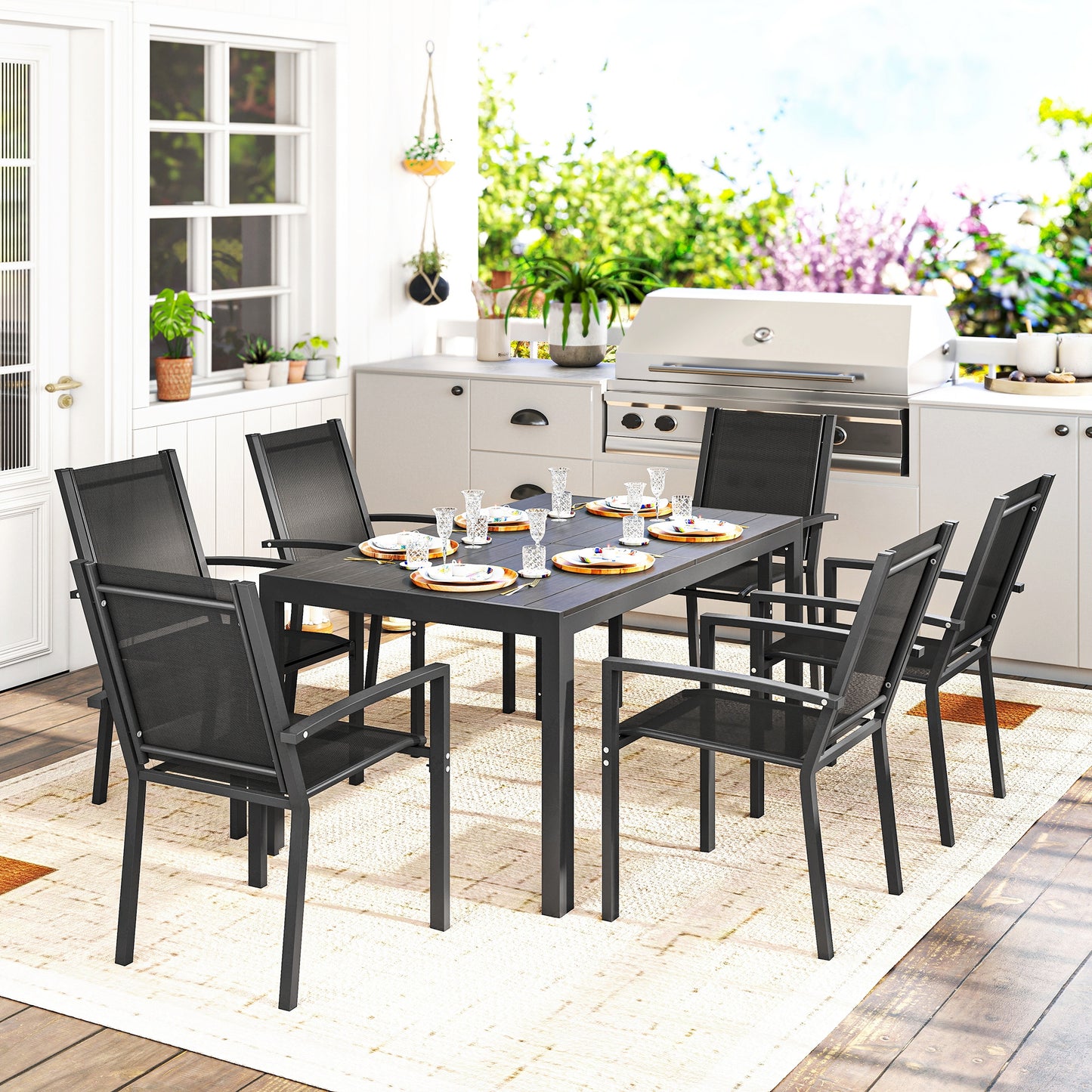 Outsunny Seven Piece Garden Dining Set With Plastic Wood Top Table Six Stackable Chairs Black Outdoor Patio Furniture