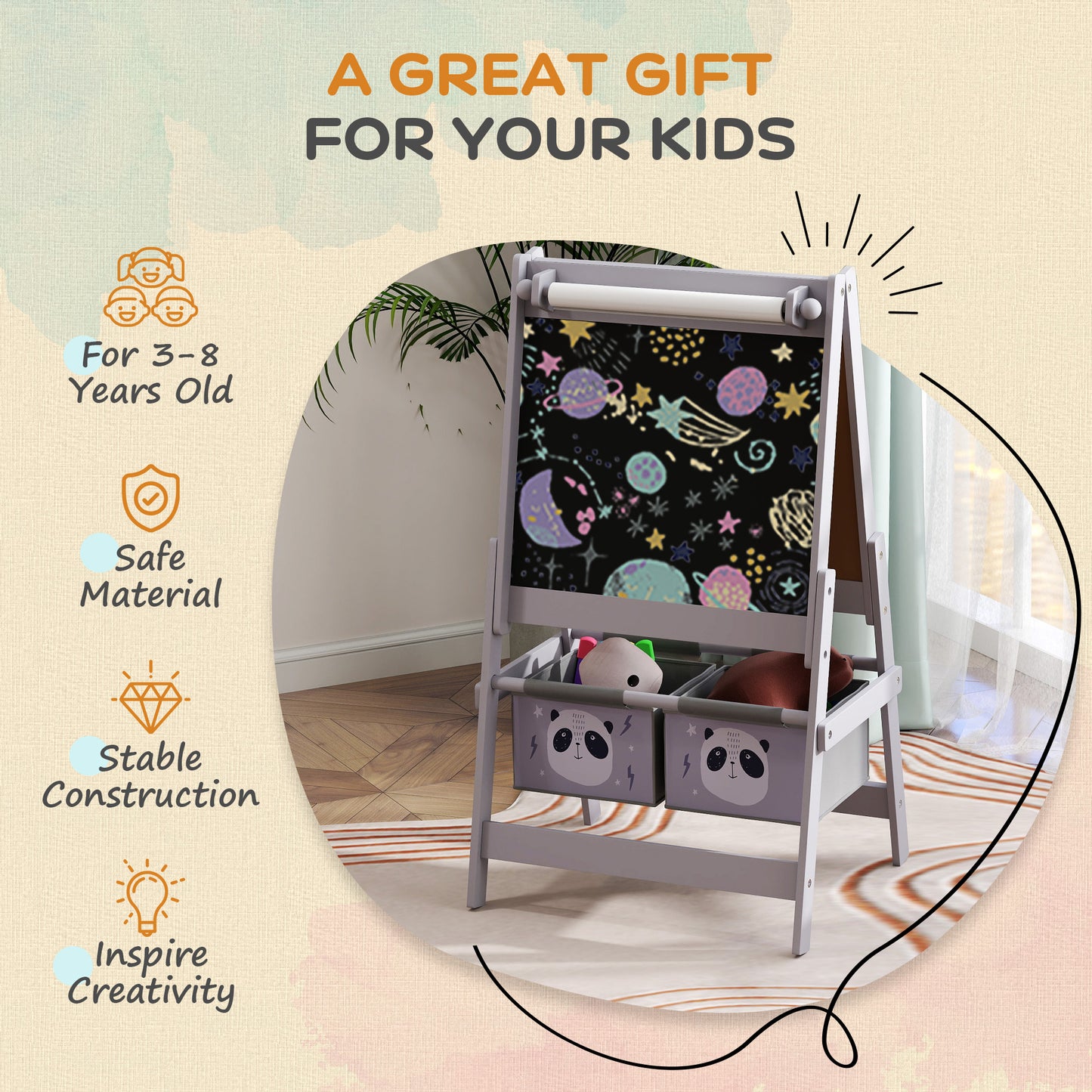 AIYAPLAY 3 In 1 Kids Easel With Paper Roll And Storage Blackboard Whiteboard Art Easel For Creative Play Grey