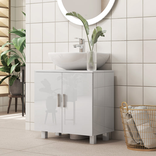 HOMCOM Under Sink Cabinet For Bathroom Basin Or Pedestal High Gloss White With Middle Shelf