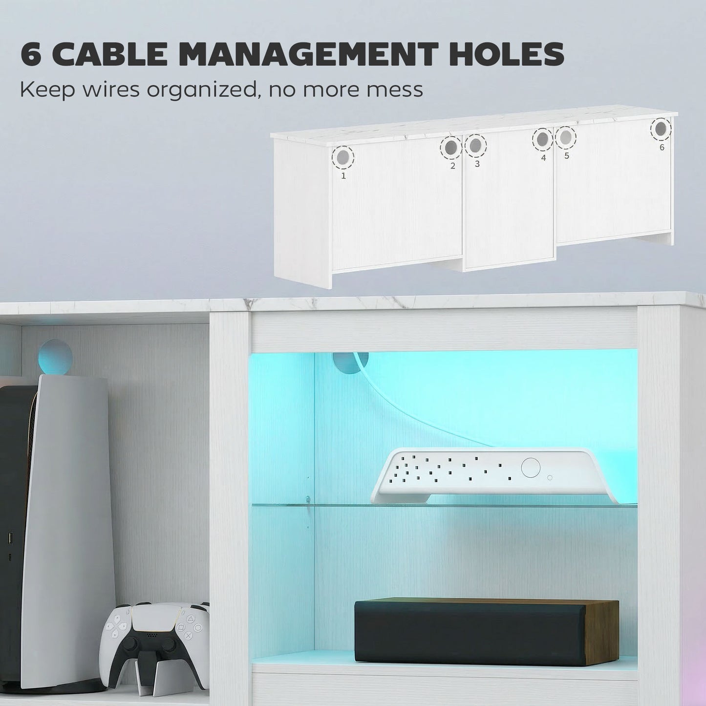 HOMCOM 70 Inch TV Stand With USB Powered RGB LED Lights And Ample White Storage With Five Compartments