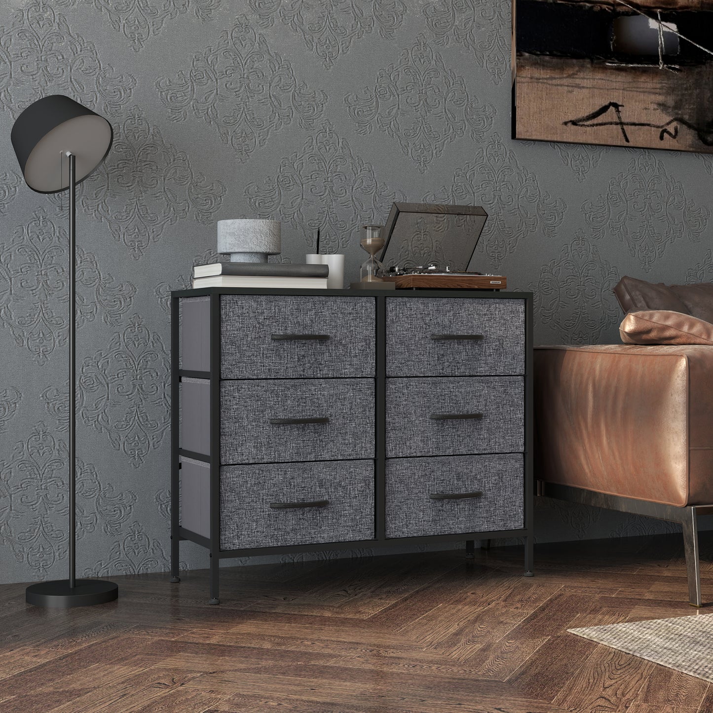 HOMCOM Fabric Chest Of Drawers With Steel Frame And Wooden Top Six Fabric Drawers Industrial Dresser Black
