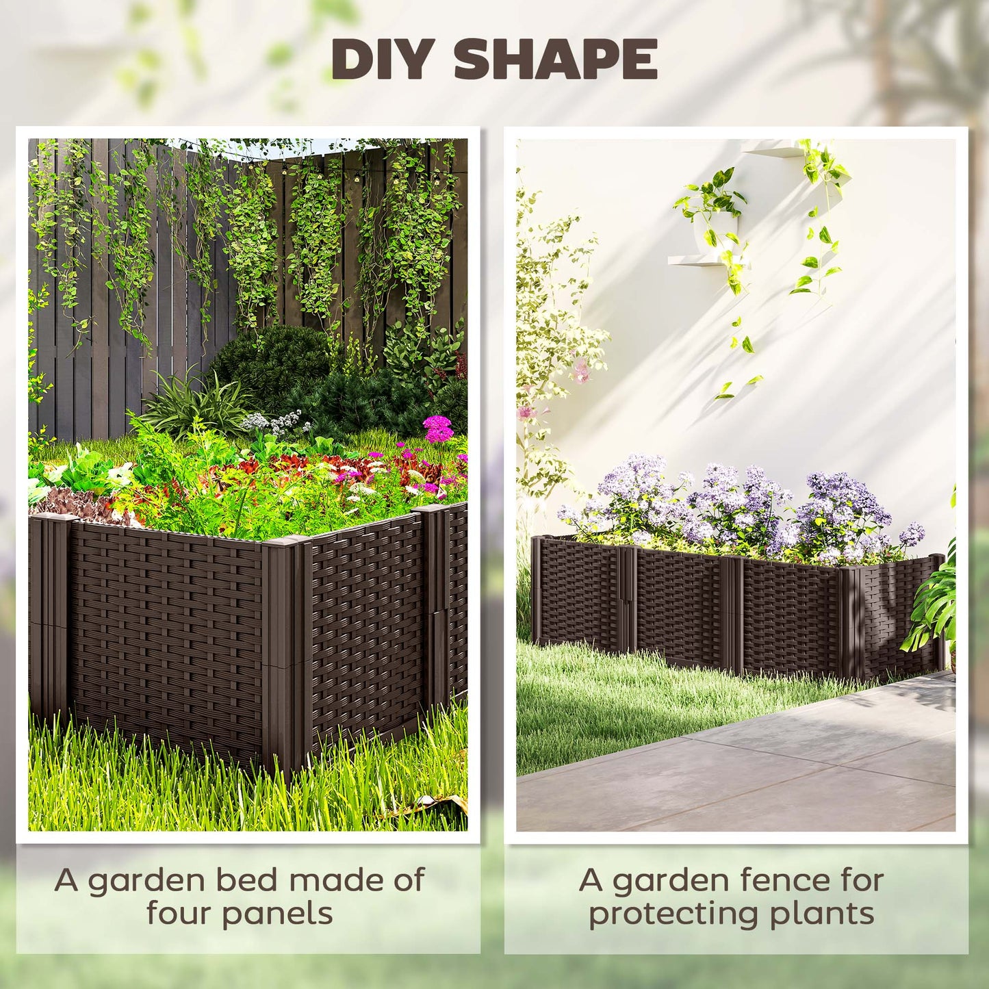 Outsunny Plastic Raised Garden Bed Modular Planter Box Kit Garden Fence Edging Border Flowers Vegetables Herbs Brown