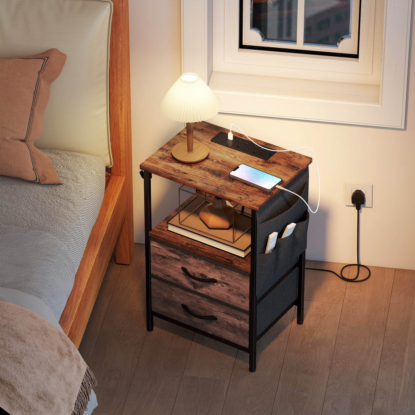 HOMCOM Bedside Table With Charging Station USB Ports Power Sockets Rustic Brown Nightstand With Storage