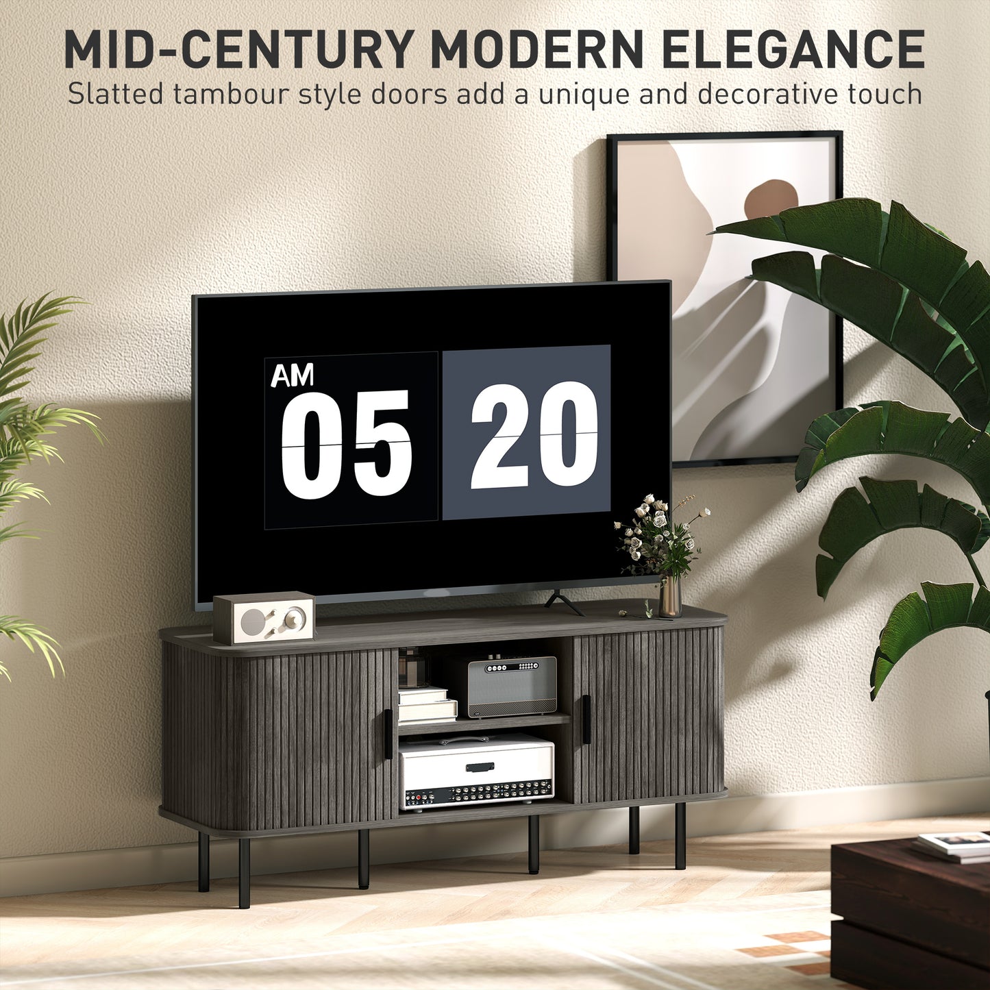 HOMCOM TV Stand Cabinet For 55 Inch TVs With Open Shelves And Two Tambour Door Cupboards Grey