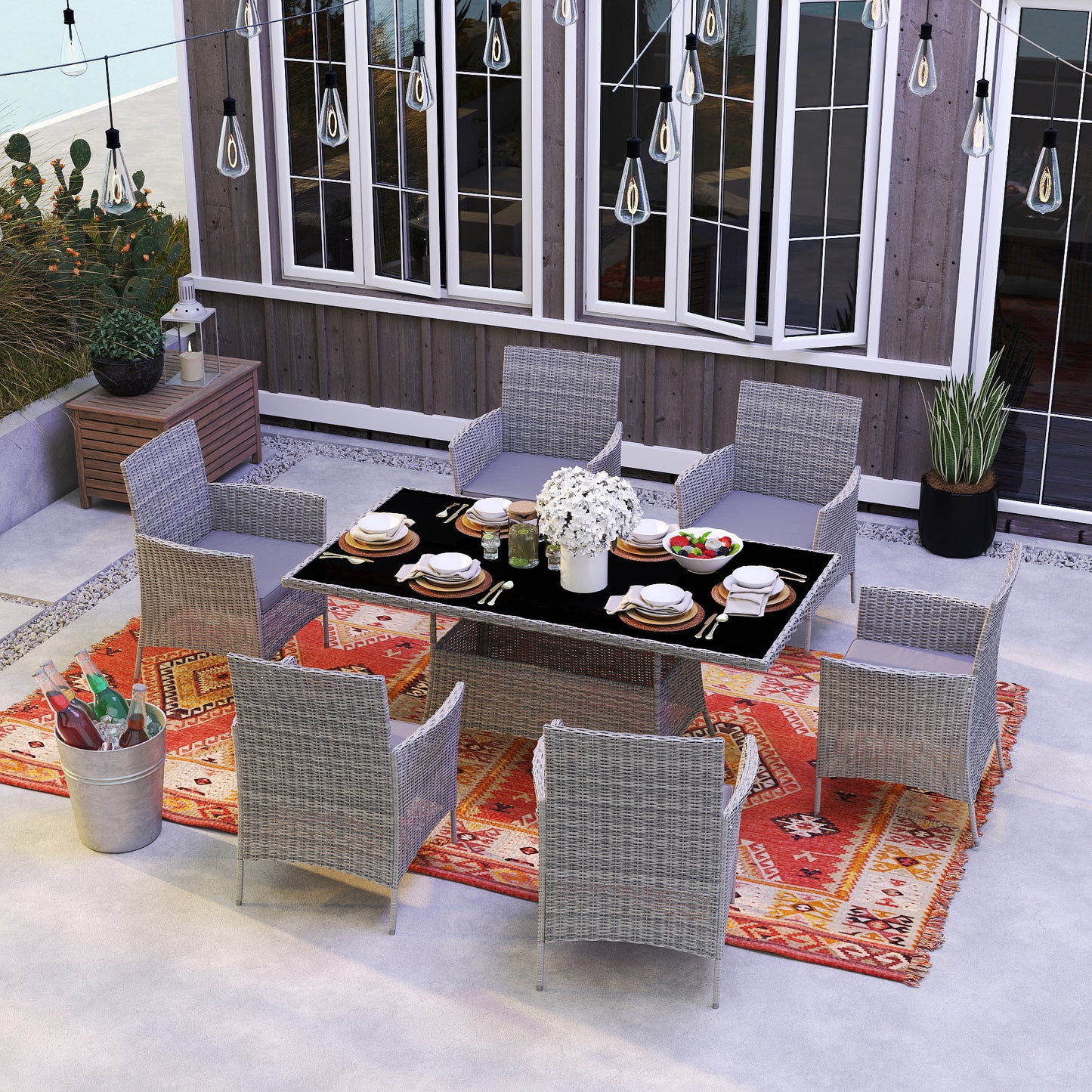 Outsunny 7 Piece Rattan Garden Furniture Set With Cushions 6 Seater Table And Chairs Glass Top Charcoal Grey