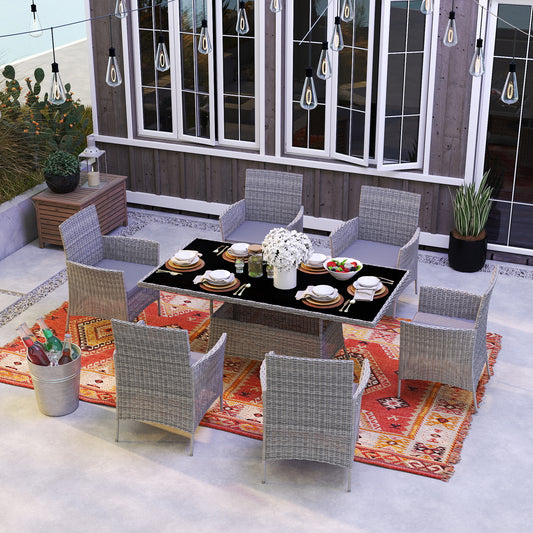 Outsunny 7 Piece Rattan Garden Furniture Set With Cushions 6 Seater Table And Chairs Glass Top Charcoal Grey