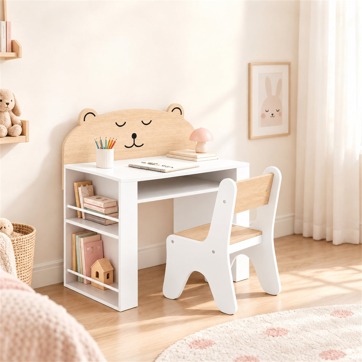 Kids table and chair set with bear top panel and open storage shelves