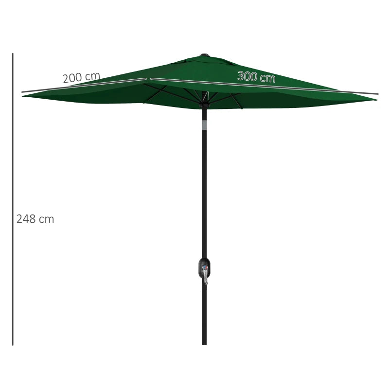 Outsunny Rectangular Outdoor Parasol - 2 x 3(m) Market Umbrella with Crank, Push Button Tilt, 6 Ribs, Aluminium Pole - Green - ALL4U RETAILER LTD