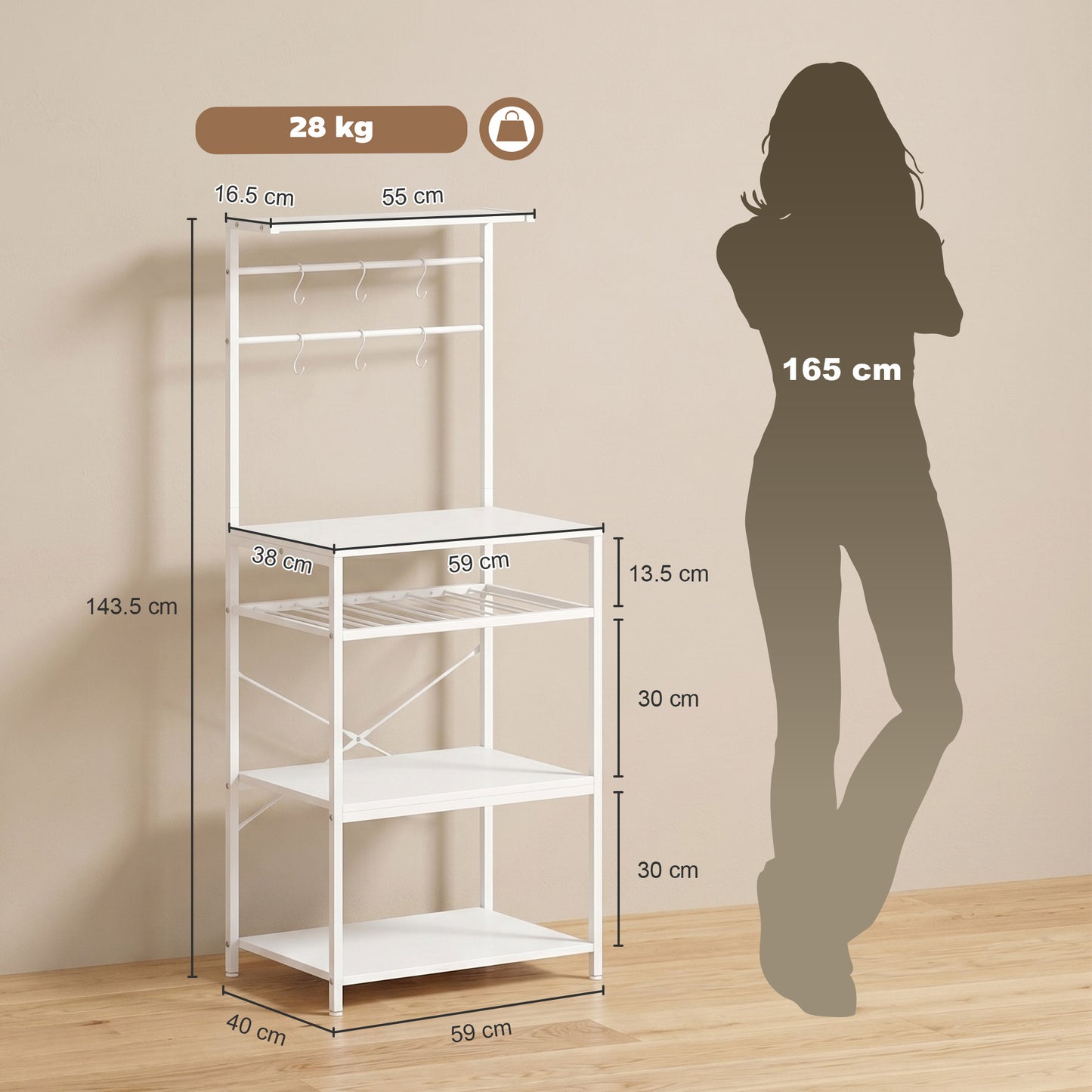 HOMCOM Freestanding Shelving Unit With Six Hooks And Wine Rack For Living Room And Home Office White