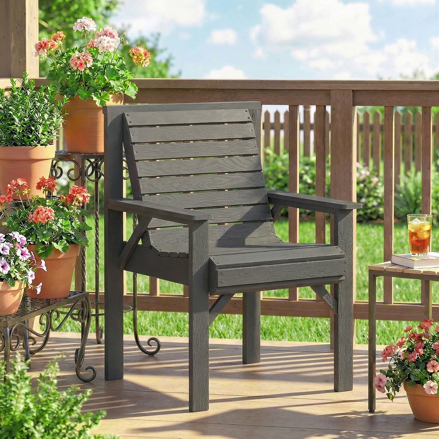 Outsunny Wooden Garden Dining Chair Outdoor Armchair With Curved Seat And Wide Armrests Grey Embossed Finish