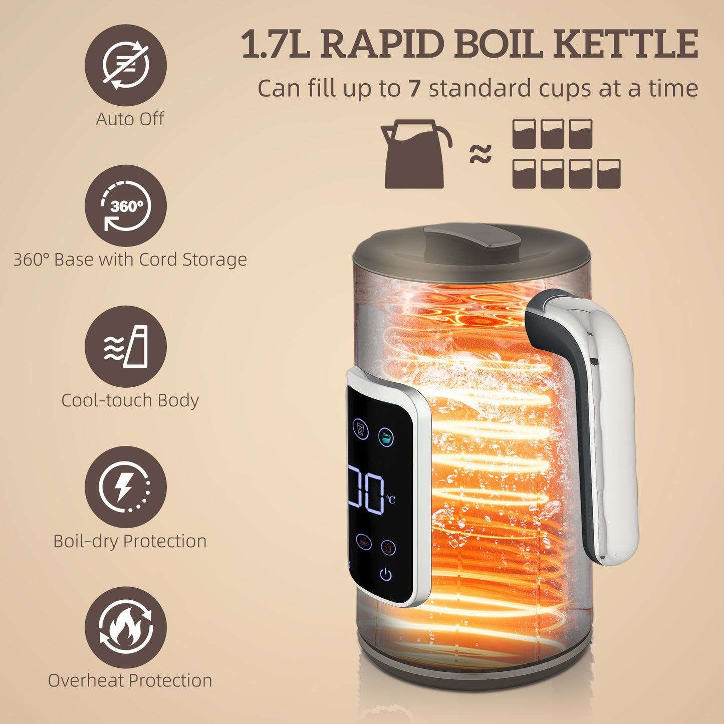 HOMCOM Touch Screen Kettle And Toaster Set Black With 3000W Fast Boil 1.7L Kettle And Six Temperature Presets