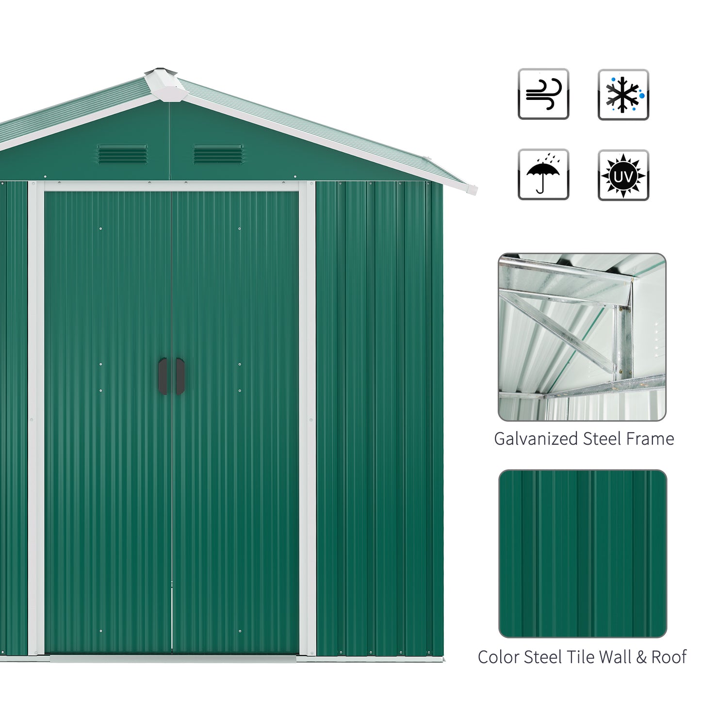 Outsunny 6.5ft x 3.5ft Metal Garden Storage Shed Outdoor Tool Storage Double Sliding Doors 4 Vents Green - ALL4U RETAILER LTD