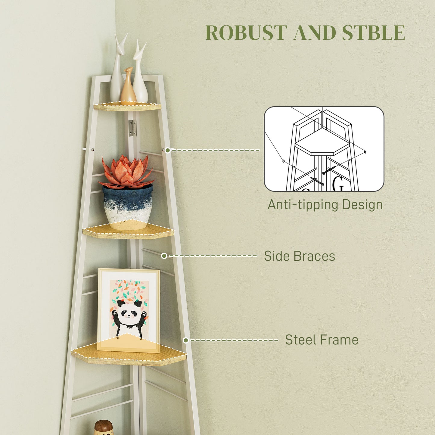 HOMCOM Five Tier Corner Shelf White Wood Effect Steel Frame Ladder Organizer For Living Room Decor With Adjustable Feet