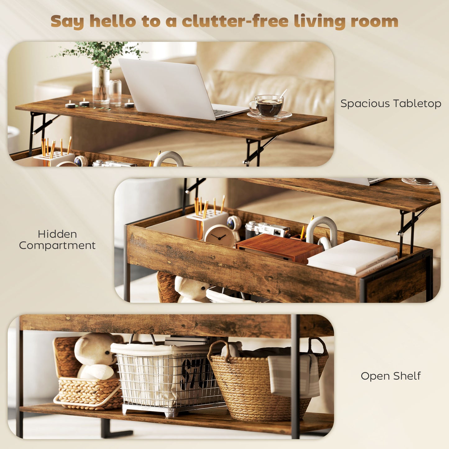 HOMCOM Lift Top Coffee Table With Storage Rustic Brown Modern Centerpiece For Living Room