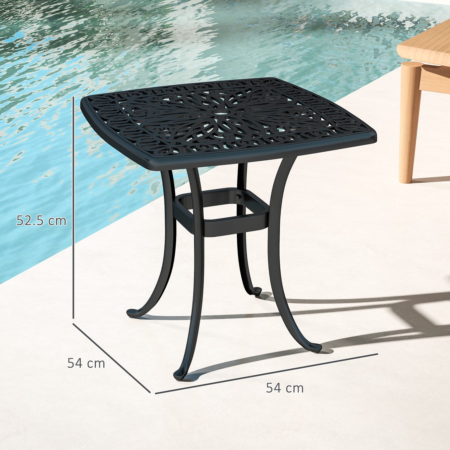 Outsunny Outdoor Cast Aluminium Square End Table With Umbrella Hole And Anti Slip Foot Pads 54x54 cm Black