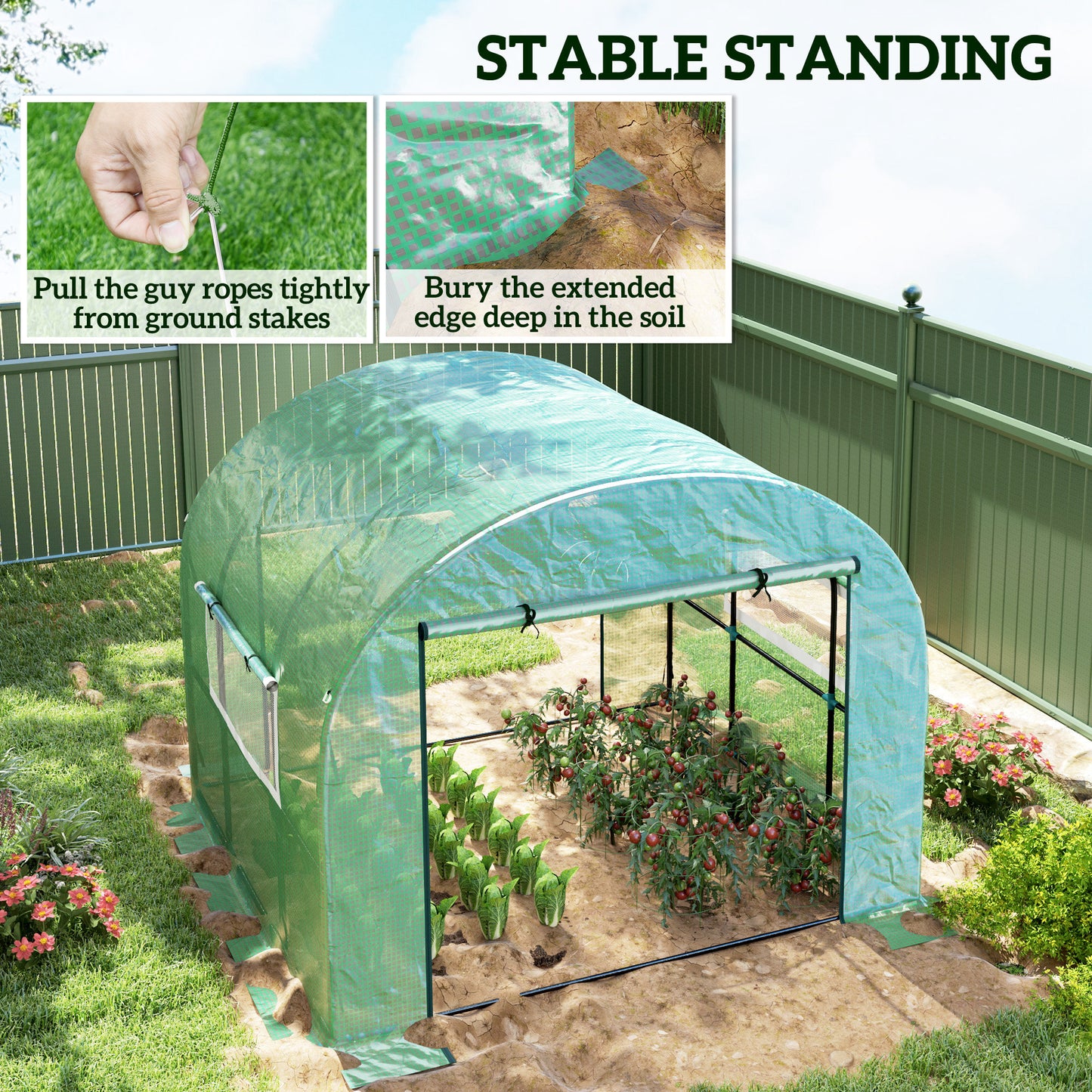 Outsunny 300cm By 300cm Walk In Polytunnel Greenhouse With Zipped Doors And Mesh Windows