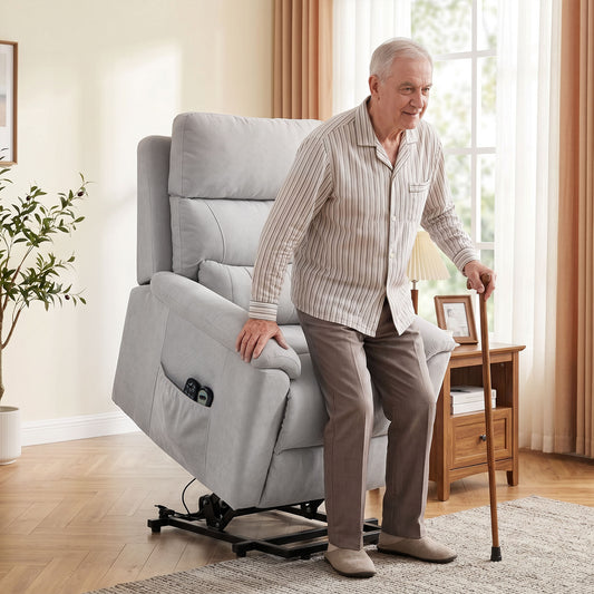 Light grey power lift recliner chair with raised footrest and side control panel