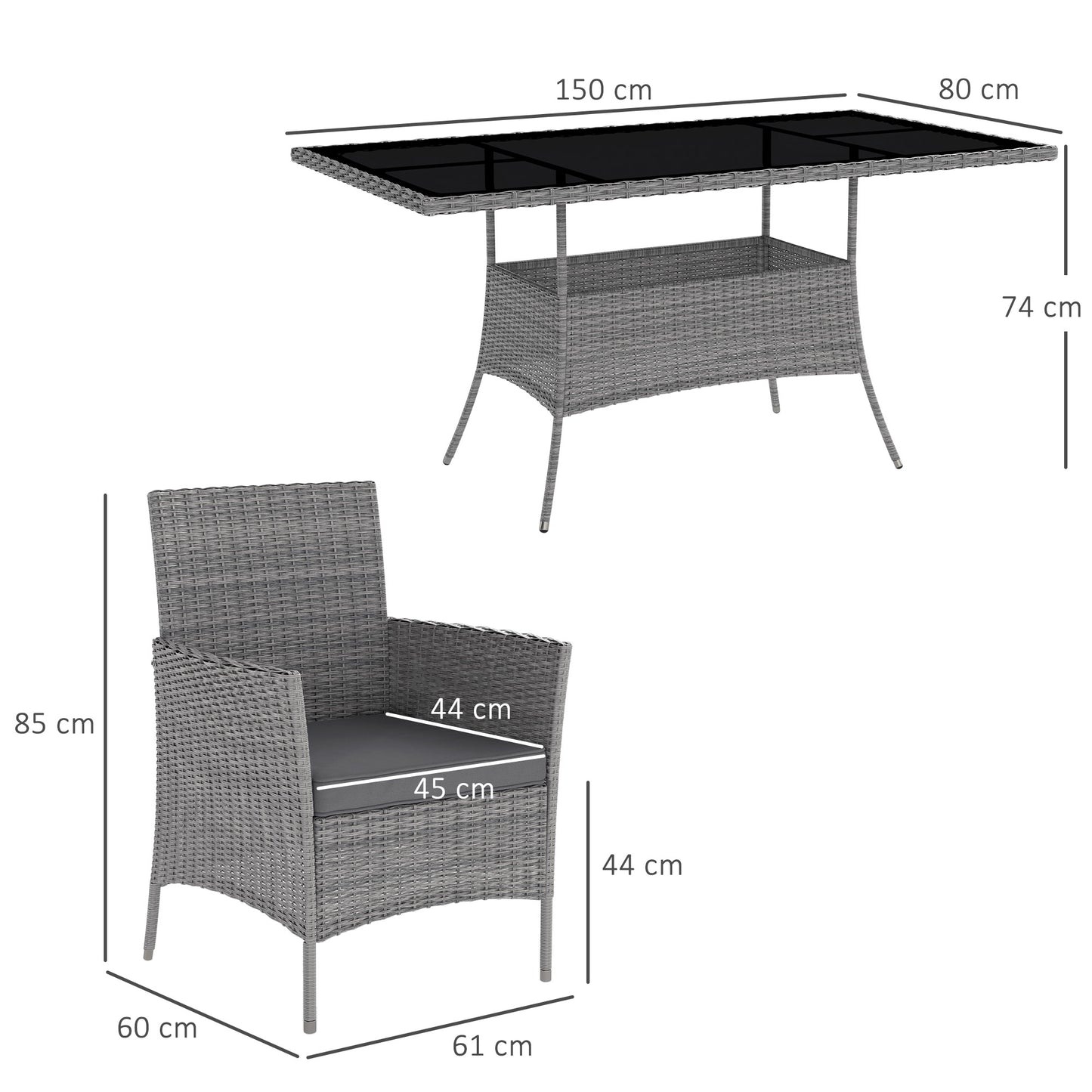 Outsunny 7 Piece Rattan Garden Furniture Set With Cushions 6 Seater Table And Chairs Glass Top Charcoal Grey
