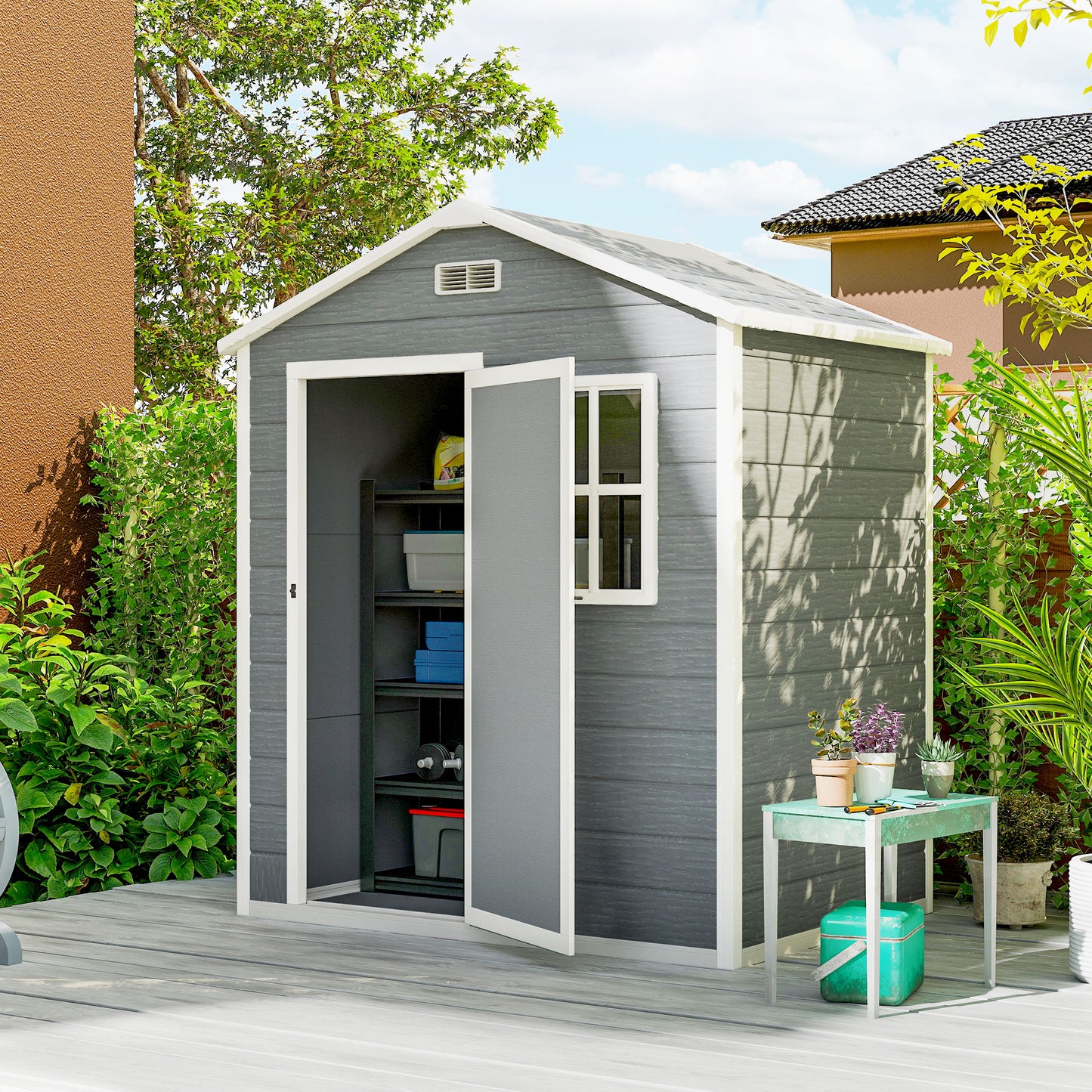 Outsunny 6 x 4ft Plastic Shed With Floor Wood Effect Resin Garden Shed With Window Lockable Door Vents All Weather Grey