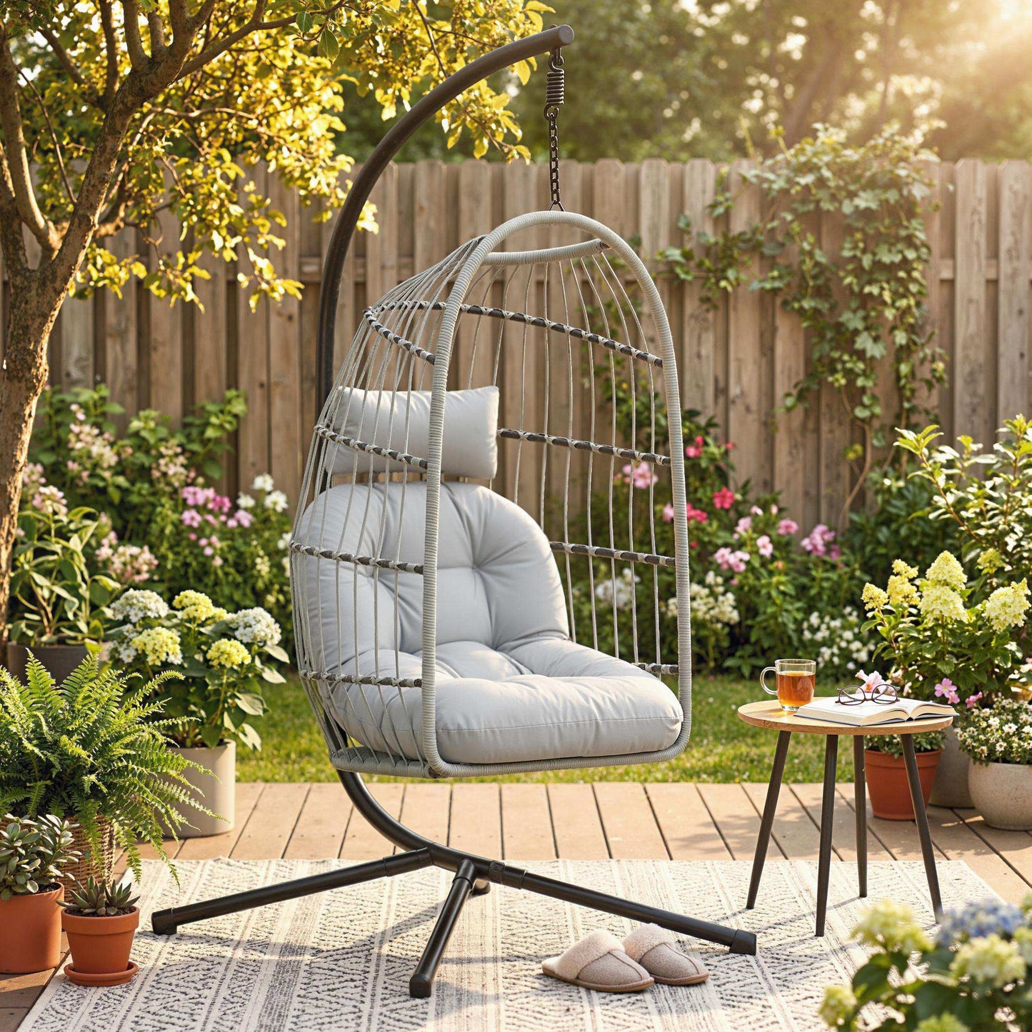 Outsunny Hanging Egg Chair With Stand Indoor Outdoor Hammock Swing Chair Safety Strap Foldable Basket Light Grey