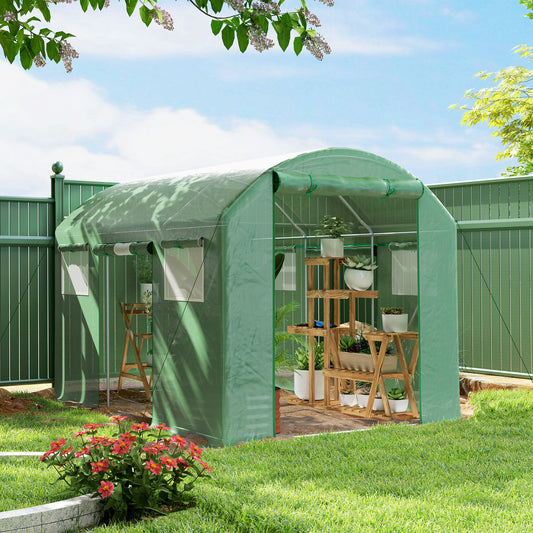 Outsunny 9.8 By 6.6 Ft Walkin Polytunnel Greenhouse Green With Three Roll Up Doors And Mesh Windows 140gsm Cover