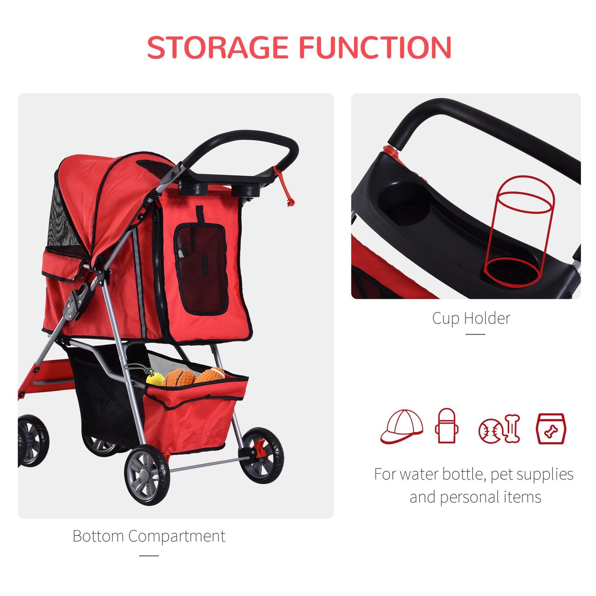 PawHut Mini Dog Stroller with Rain Cover, Folding Pet Pram - Red - ALL4U RETAILER LTD