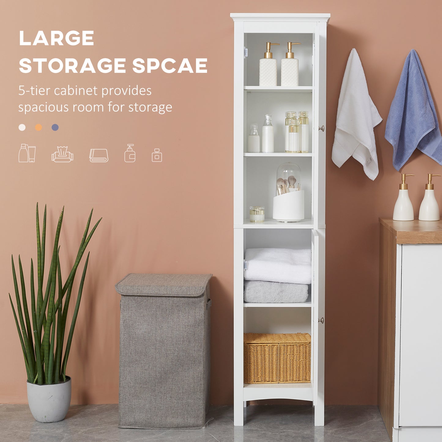 Kleankin Tall Bathroom Storage Unit Slim Cabinet With Adjustable Shelves And Double Doors White