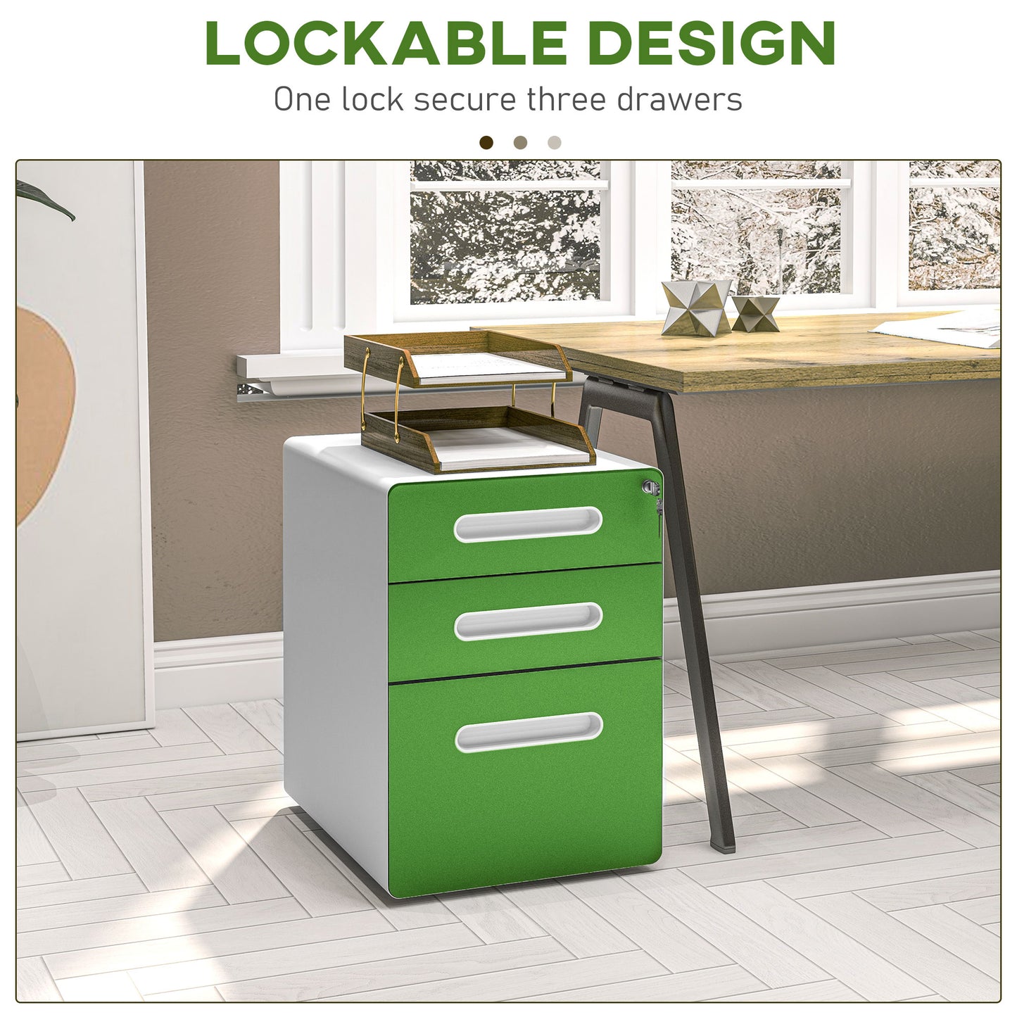 Vinsetto Green 3 Drawer Lockable Steel Filing Cabinet on Wheels for A4, Letter, and Legal Files - ALL4U RETAILER LTD