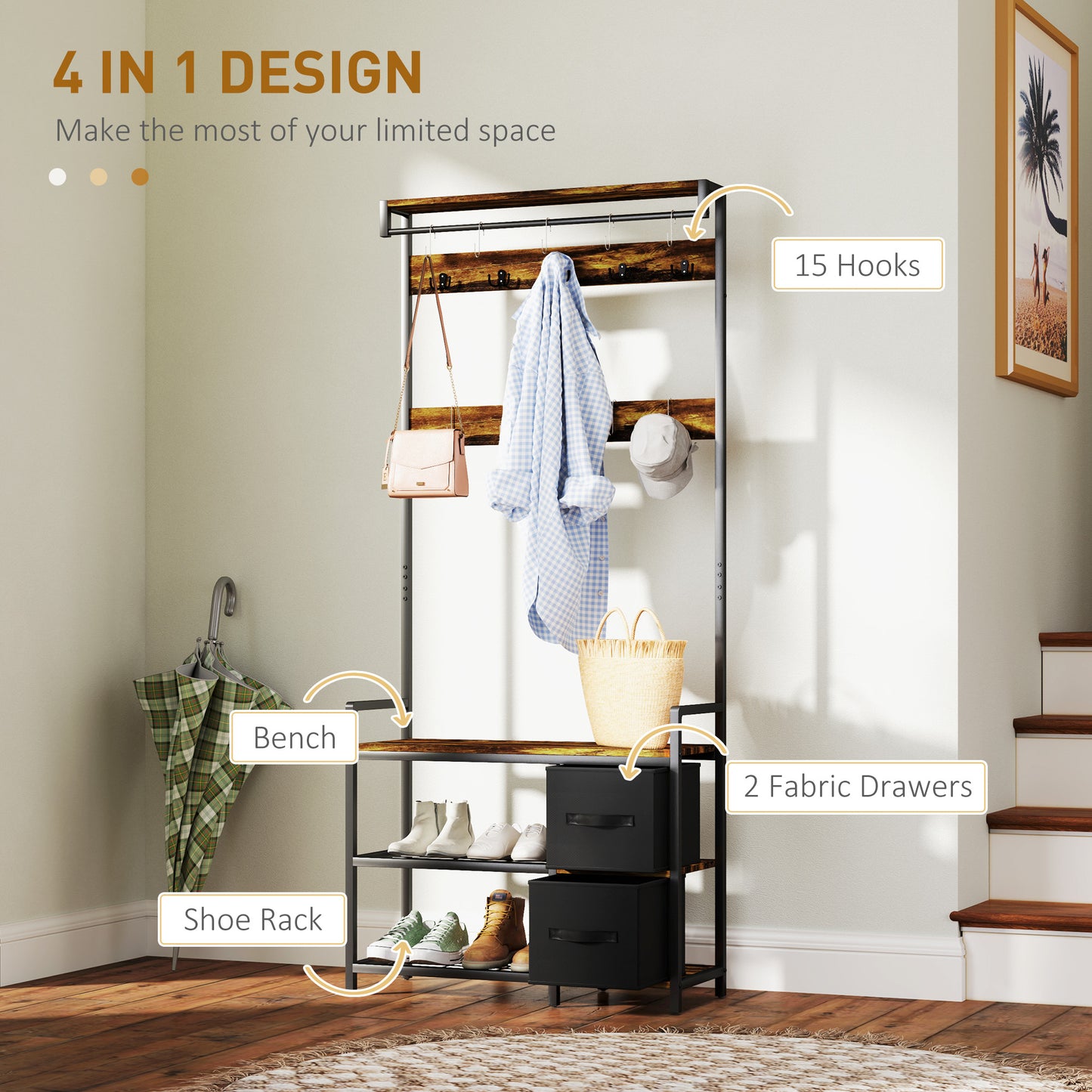 HOMCOM Industrial Style Hallway Tree With Bench 15 Coat Hooks Two Shoe Racks And Two Fabric Drawers Brown Black