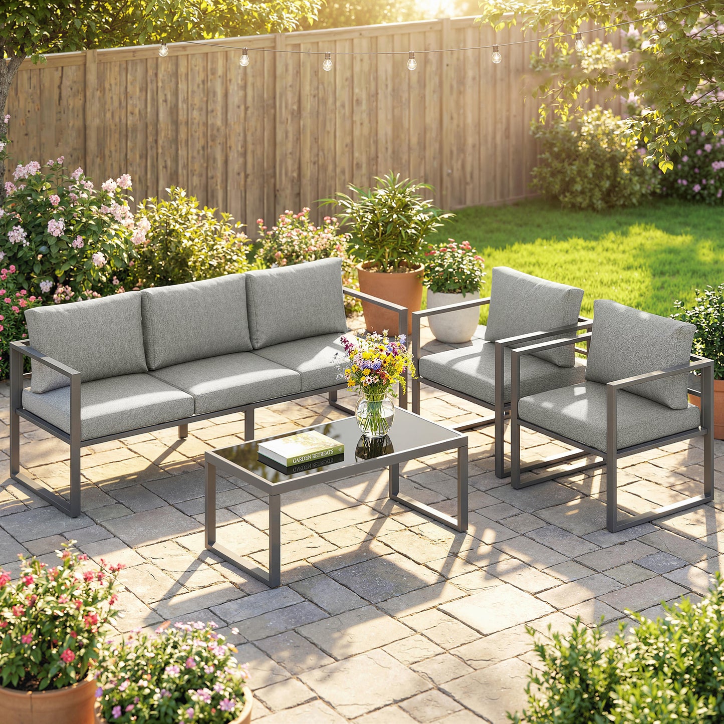 Outsunny 4 Piece Outdoor Patio Garden Furniture Set With 3 Seater Sofa Armchairs And Coffee Table