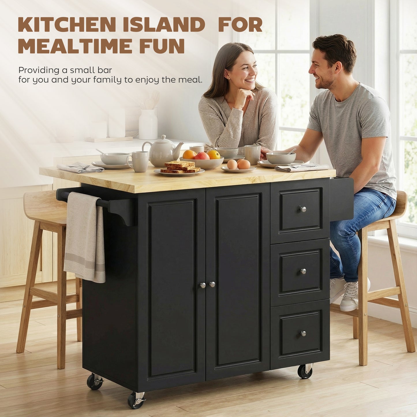 HOMCOM Kitchen Island On Wheels Rolling Kitchen Storage Trolley With Drop Leaf Drawers Towel Rack And Spice Rack Black