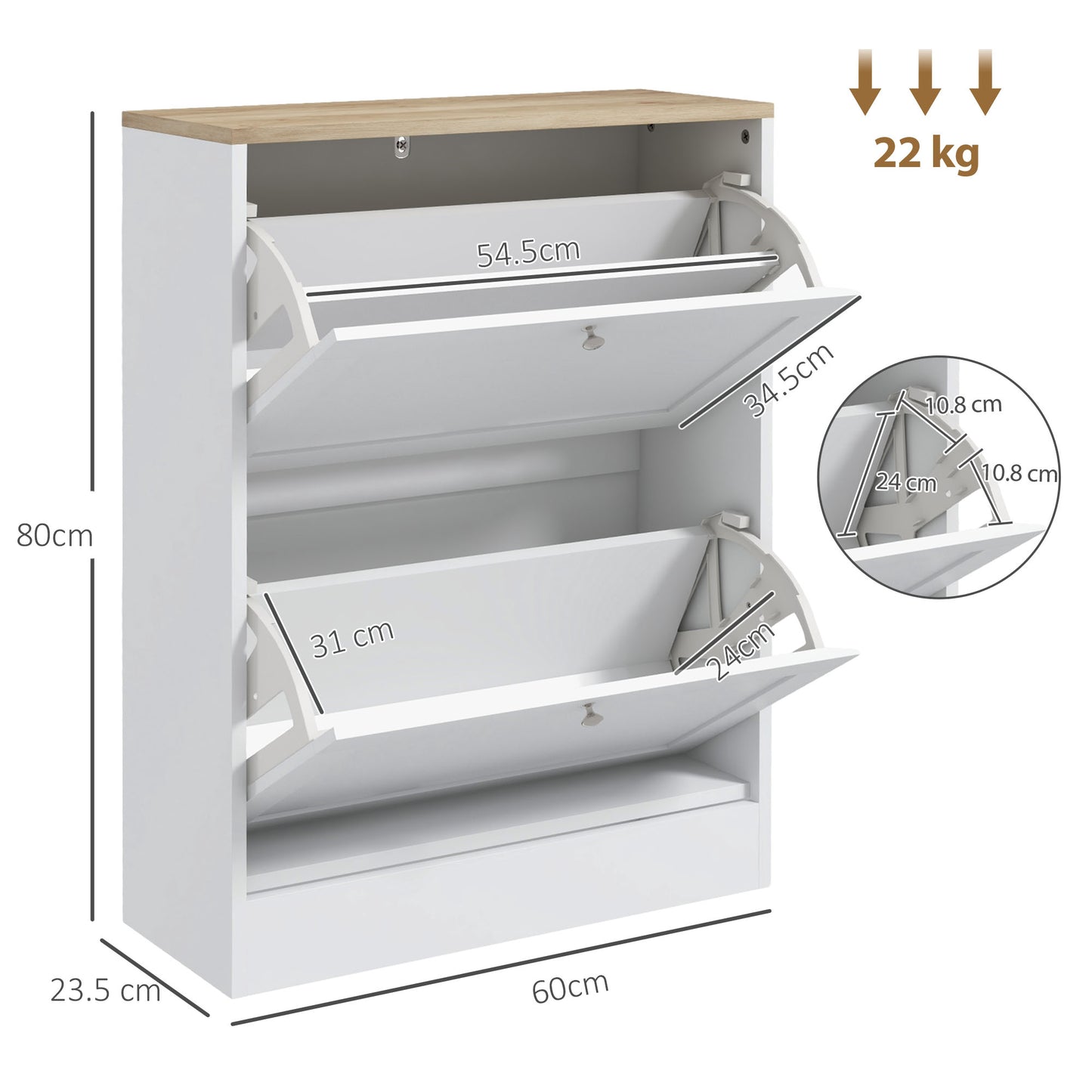 HOMCOM White Two Flip Drawer Shoe Cabinet With Adjustable Shelves Holds 8 To 12 Pairs Of Shoes Compact Stylish Storage